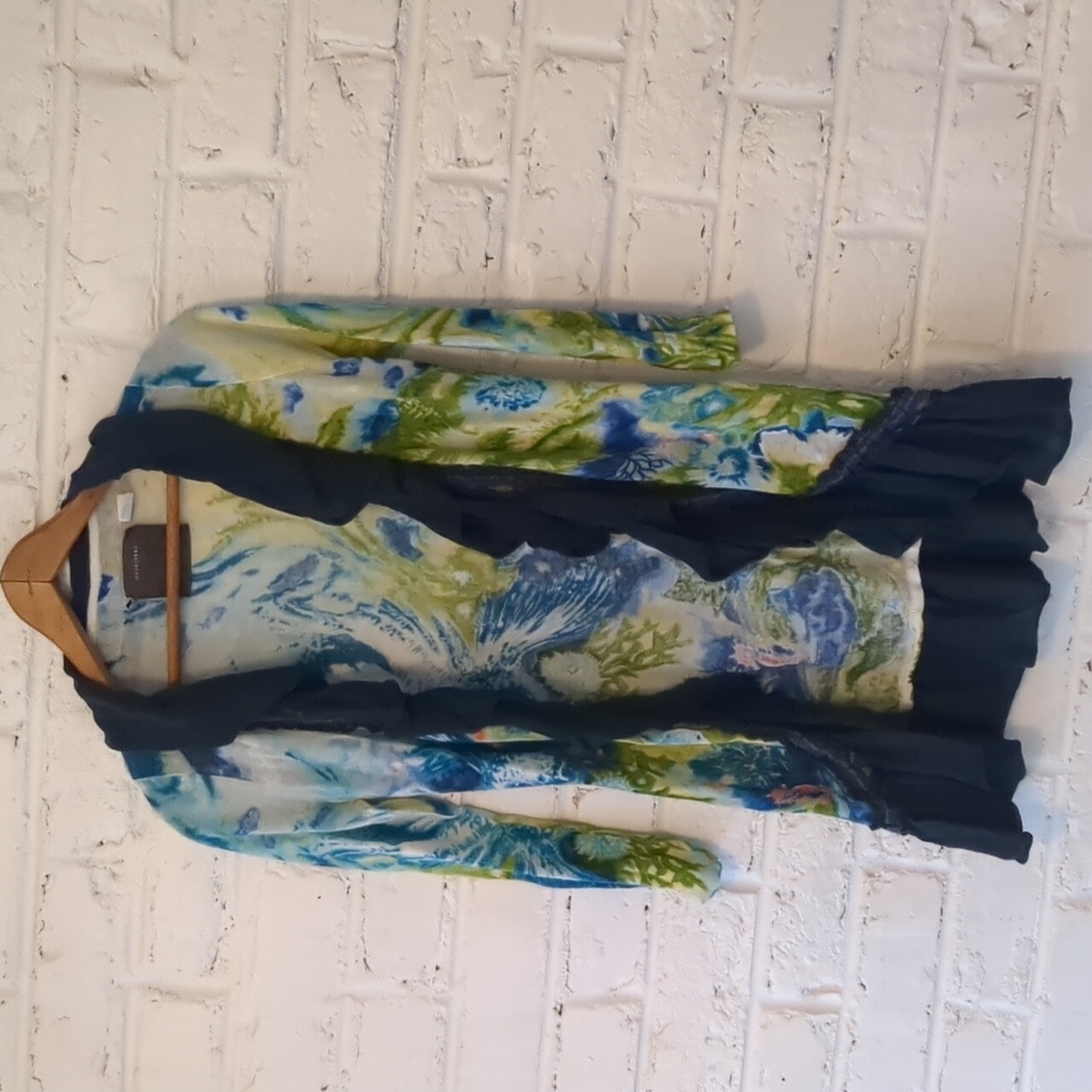 Anthropologie Guinevere Cardigan Sweater Size Small Blue Ruffled Sea Hor…